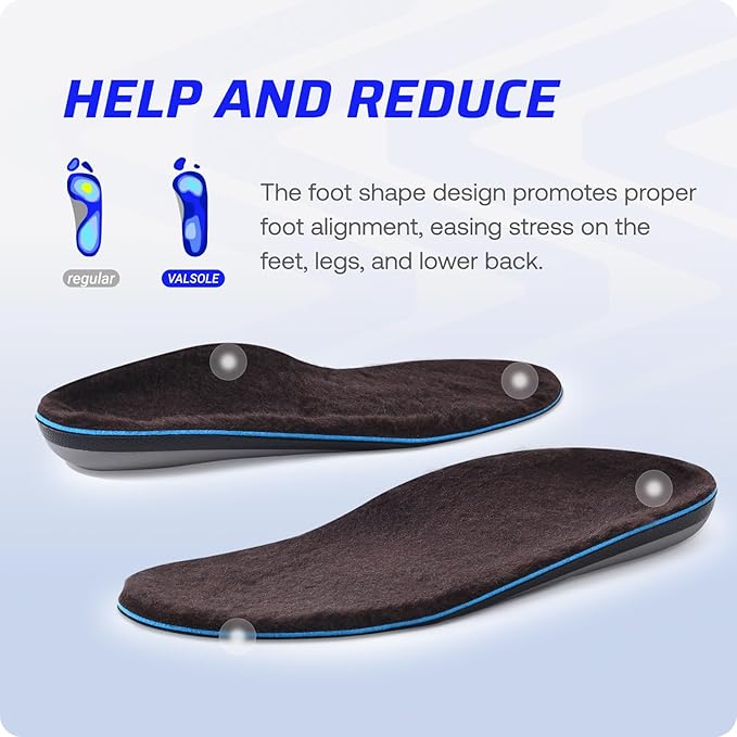 VALSOLE 250+lbs Winter Thermal Wool Insoles for Men Women,Plantar Fasciitis Orthotics Insert,for Flat Feet,High Arch,Foot Pain,Standing All Day Boot Work Shoe Warm Insoles(253mm)
