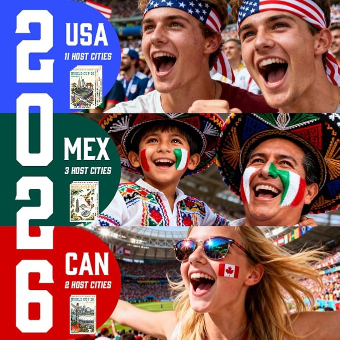SHOXREM 32Pcs World Cup 2026 Postcards, Merchandise,World Cup Decorations - Landmark Illustrations,Retro Collage, 4" x 6"