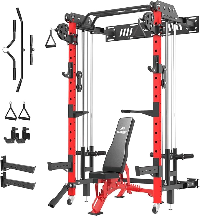 Folding Power Rack, Wall Mounted Squat Rack with Cable Pulley System, Multi-Grip Pull-Up Bar, Landmine for Home Gym, Compact Power for Small Spaces, FR67