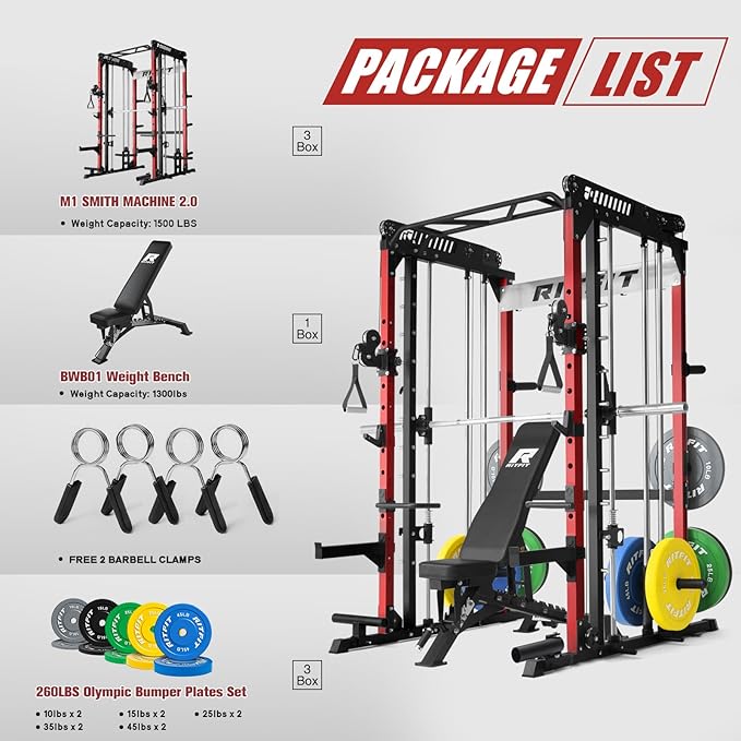 RitFit M1 Pro Smith Machine Package, All-in-One Power Cage with Weight Stack Set, Includes LAT Pulldown & Cable Crossover System for Home Gyme