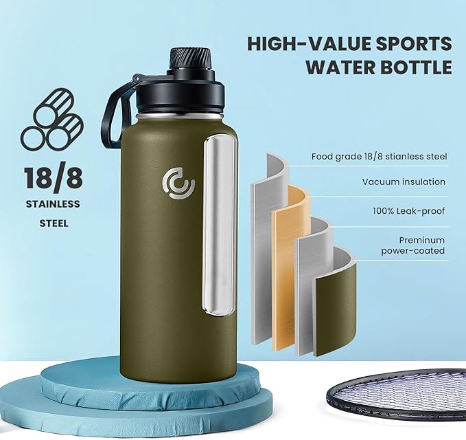 COKTIK 32oz Sports Water Bottle, Stainless Steel Water Bottle for Insulated, Reusable Travel Bottle, With Straw, With Handle Grip for Easy Carrying, Suitable for Cycling, Outdoor Vacations(Army Green)