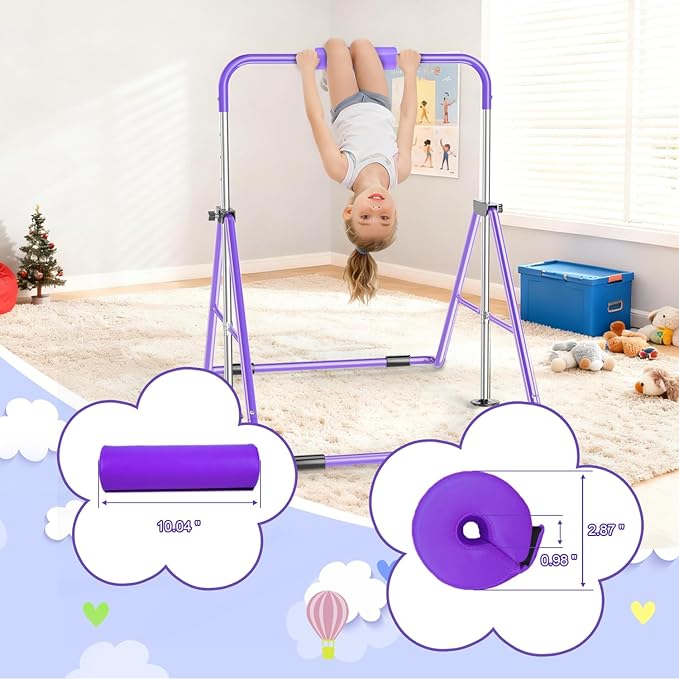 Safly Fun Foldable Gymnastics Bar for Kids, Adjustable 35"-51", Sturdy 145 lbs Capacity, Easy-to-Assemble, Gymnastics Equipment for Kids for Indoor/Outdoor Training