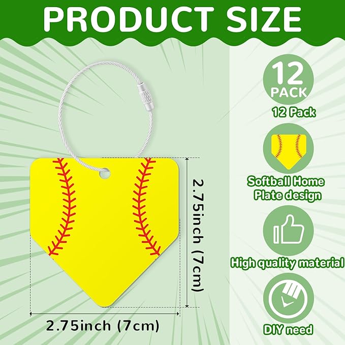 12 Pcs Softball Home Plate Luggage Tags for Softball Travel Suitcase Labels with Metal Ring 2.75in Softball-Related Keychain PVC Name Id Card and DIY Pocket Hug Card for Men Women Travel Bag Suitcase