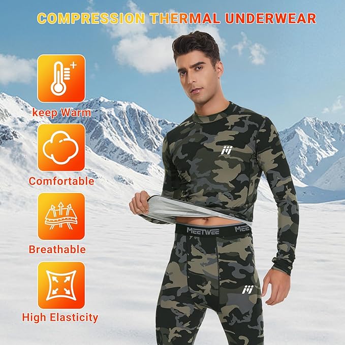 Men Thermal Underwear Set Long Johns with Fleece Lined Base Layer Men Cold Weather Top Bottom for Skiing Running
