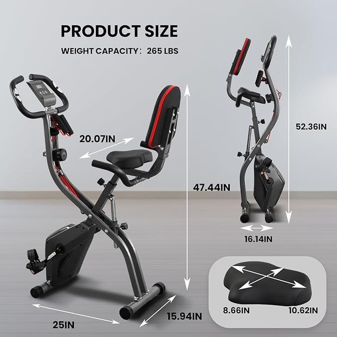Exercise Bike, 4 IN 1 Stationary Bike, Foldable Folding Exercise Bike with 10-Level Magentic Resistance, Support Back Pad and Phone/Tablet Holder, Arm Resistance Band, Pulse Sensor, LCD Monitor for Home Workout 265LB Capacity
