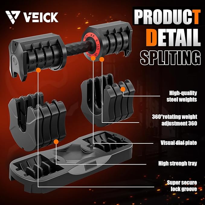 VEICK 25 lbs Adjustable Dumbbell with Anti-Slip Turning Handle, Fast Adjust Weight for Men Women, Exercise Equipment with Tray for Home Gym Full Body Workout Fitness