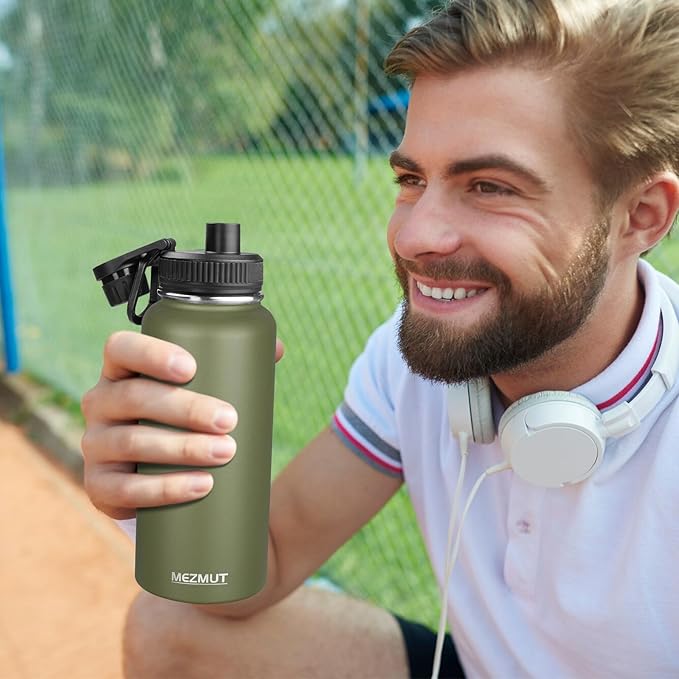 MEZMUT Stainless Steel Water Bottles 32oz Insulated Water Bottle with Straw&3 Lids Double Walled Sports Metal Thermos Water Bottle Cup Leak-Proof Vacuum Insulated Bottles Travel (Army Green)