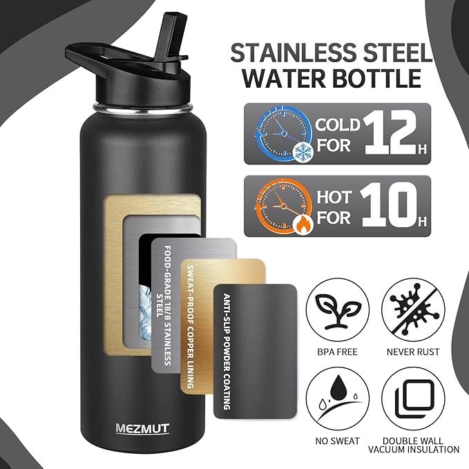 MEZMUT Insulated Water Bottle with Straw&2 Lids 40oz Stainless Steel Water Bottles Sports Metal Water Bottle Double Walled Vacuum Insulated Bottles Cups Leak-Proof Travel Cup (Black)