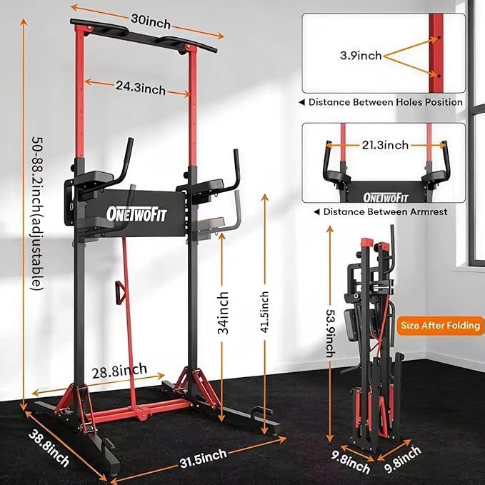ONETWOFIT Foldable Power Tower Pull Up Bar Station, Multi-Function Adjustable Height Dip Station for Home Gym Workout, Strength Training Fitness Equipment, Pull Up Stand 400LBS