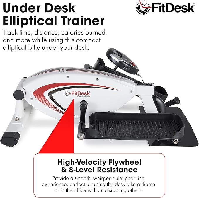 FitDesk Under Desk Bike Exercise Machine, Compact Magnetic Pedal Exerciser, Mini Elliptical, Quiet Seated Cardio Trainer for Home Office Workouts, Adjustable Resistance Bike for Desk Fitness