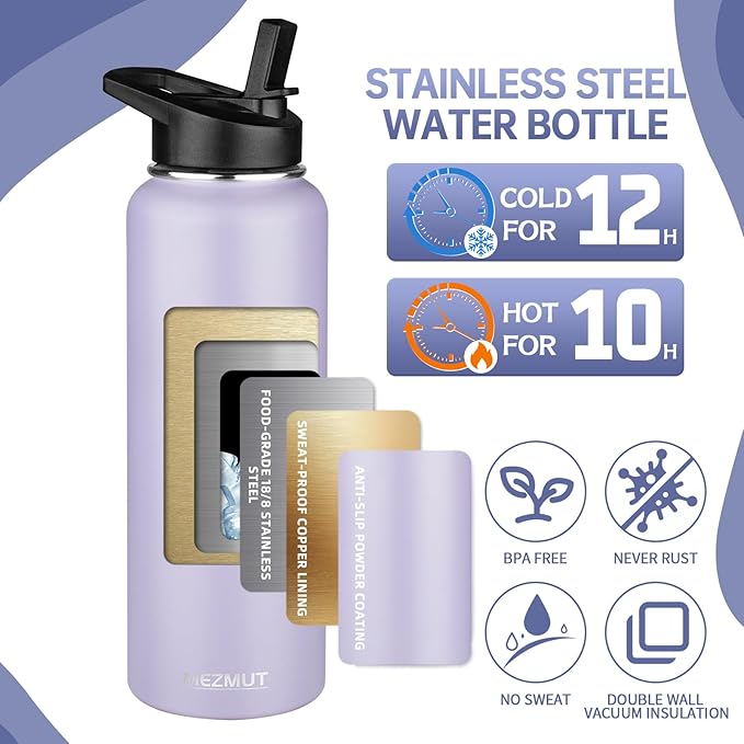MEZMUT Insulated Water Bottle with Straw&2 Lids 40oz Stainless Steel Water Bottles Sports Metal Water Bottle Double Walled Vacuum Insulated Bottles Thermos Leak-Proof Travel Thermal (Purple)