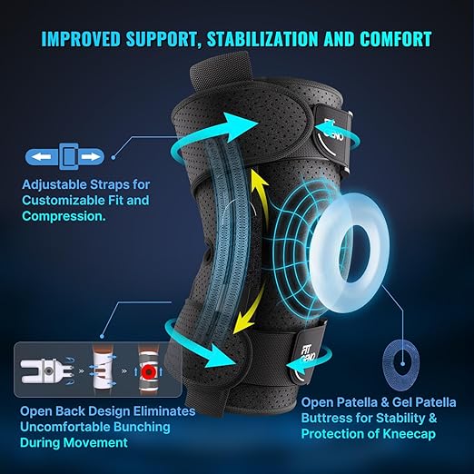 Fit Geno Hinged Knee Brace for Meniscus Tear: Adjustable Support for Knee Pain w/Built-in Side Stabilizers & Removable Metal Hinges for ACL MCL Injury or Surgery Recovery - Men and Women
