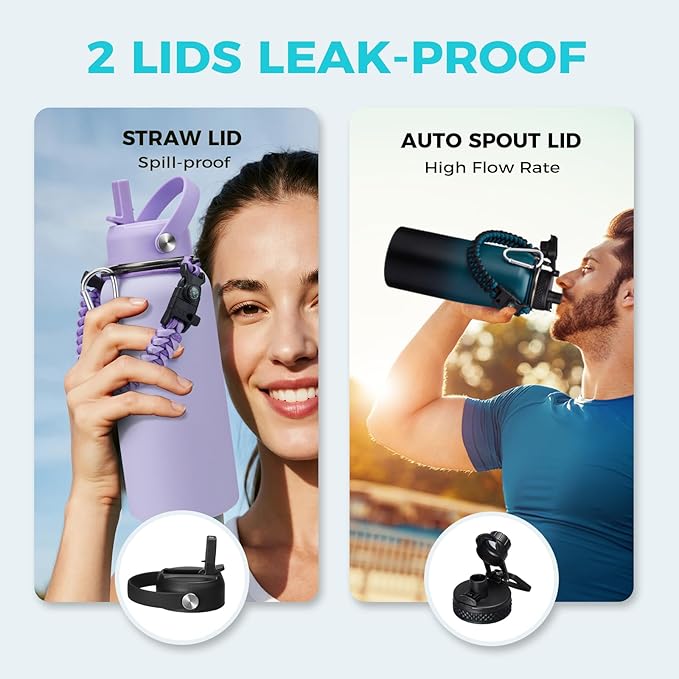 Stainless Steel Water Bottles 32oz - Cold-48h Hot-24h Insulated Water Bottle with Straw & Auto Spout Lid, Carrier Bag & Protective Cup Mat, Metal Thermo Flask Reusable Gym Waterbottle Jug Leak Proof