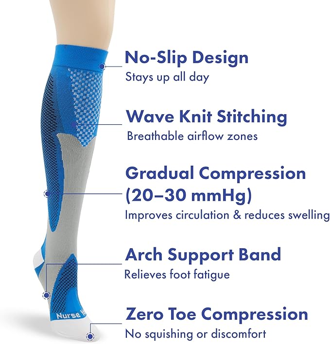 Nurse Yard Compression Socks for Nurses - Women & Men - 20-30mmHg Graduated Compression, Zero-Toe Compression, For Medical Staff, Nursing, Athletic Support Such As Running, Cycling, Hiking - 1 Pair