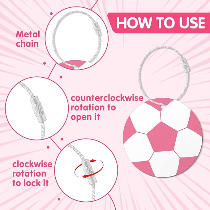 12 Pcs Pink Soccer Luggage Tags for Suitcases Travel Suitcase Labels with Metal Ring 2.75in Pink Soccer Keychain PVC Name Id Card DIY Pocket Hug Card for Men Women Travel Bag Suitcase