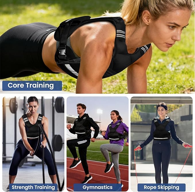 Adjustable Weight Vest for Men & Women, 4-10LBs/11-20LBs with 6 Weight Pags, Pockets & Reflective Strip for Running, Strength Training, Fat Loss & Body Sculpting