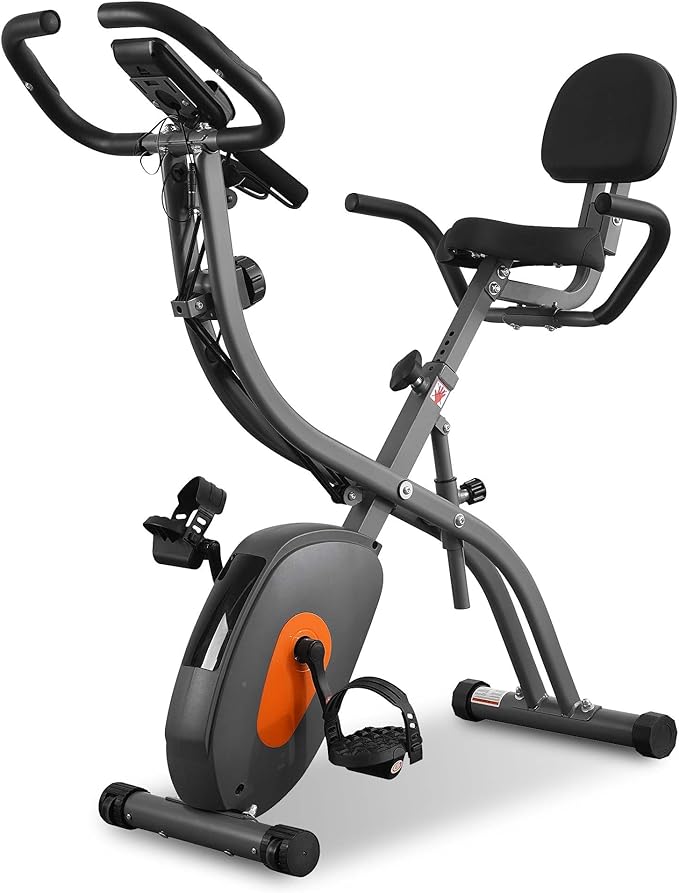 Exercise Bike, Stationary Bike for Home, Folding Exercise Bike with 10 Level Magnetic Resistance, Arm Resistance Bands &Pulse Sensor, LCD Monitor for Home Workout