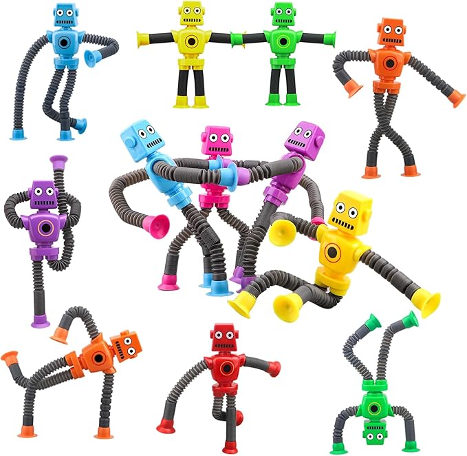 Dilabnba 12 PCS Suction Cup Fidget Pop Tube Robot Sensory Toys - Transformable Telescopic Tube, Travel Toys for Kids Toddlers (Ages 3-10) Stocking Stuffer Gift