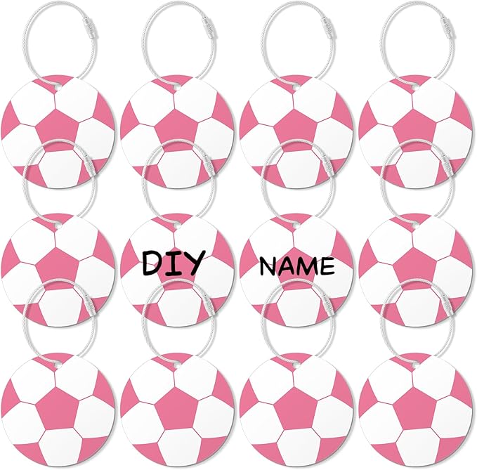 12 Pcs Pink Soccer Luggage Tags for Suitcases Travel Suitcase Labels with Metal Ring 2.75in Pink Soccer Keychain PVC Name Id Card DIY Pocket Hug Card for Men Women Travel Bag Suitcase