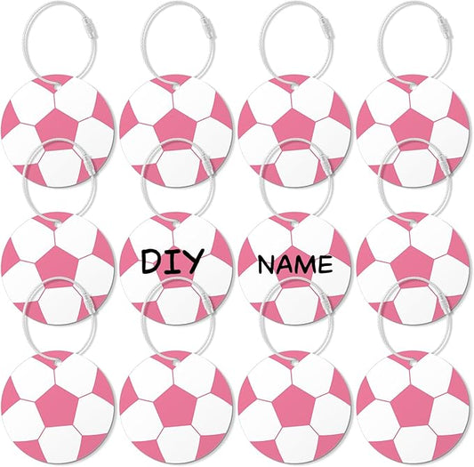 12 Pcs Pink Soccer Luggage Tags for Suitcases Travel Suitcase Labels with Metal Ring 2.75in Pink Soccer Keychain PVC Name Id Card DIY Pocket Hug Card for Men Women Travel Bag Suitcase
