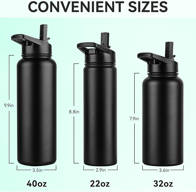DOMICARE Insulated Water Bottle, 22 oz Vacuum Insulated Stainless Steel Reusable Sports Bottle with Straw Lid & Spout Lid for Travel, Camping, Bike, Leakproof, Black, 8 Pack