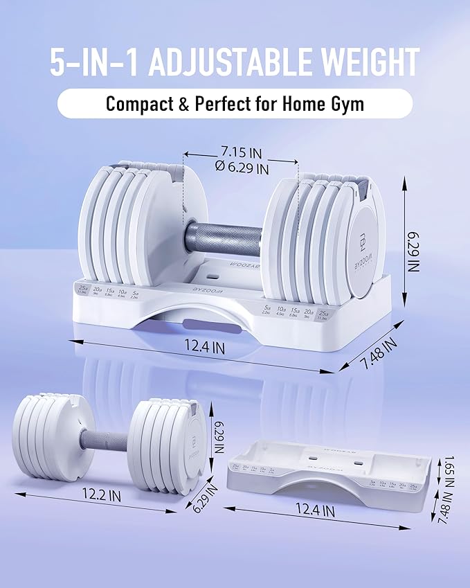 BYZOOM FITNESS Adjustable Dumbbell – 12.5/25lb Single Unit OR Set of 2 – 5-in-1 Adjustable Weight for Home Gym, Strength Training & Fitness Workouts, White OR Black