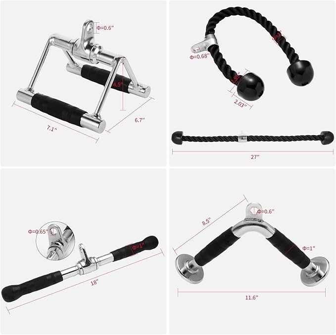 Tricep Press Down Cable Machine Attachment, Heavy Duty Solid Steel Body Training Lat Pulldown Home Gym Accessories, Double D Row Handle, V Bar, Ankle Straps, Tricep Rope, Pull Down Bar