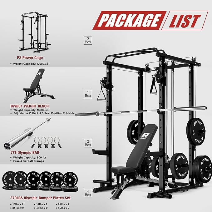 RitFit Upgraded PPC-P3 Power Cage, 3-in-1 Home Gym with Aluminum Pulley System, 1200LBS Capacity, Includes LAT Pulldown, Landmine, J-Hooks & 20+ Attachments, Fits Compact Spaces Black Red