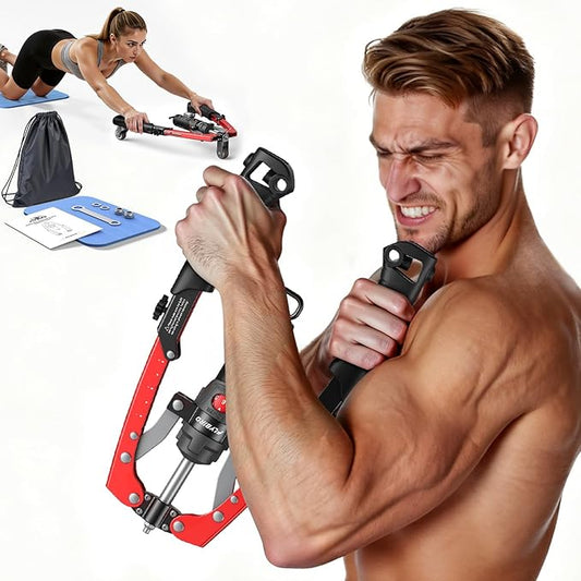 FLYBIRD Chest & Arm Twister & Core Trainer, Hydraulic Power CoreFlex Twister Chest Workout Equipment, 22-440lbs for Strength Trainer, 3-in-1 Chest Trainer with Ab Roller Wheel(Backpack &Pad Included)