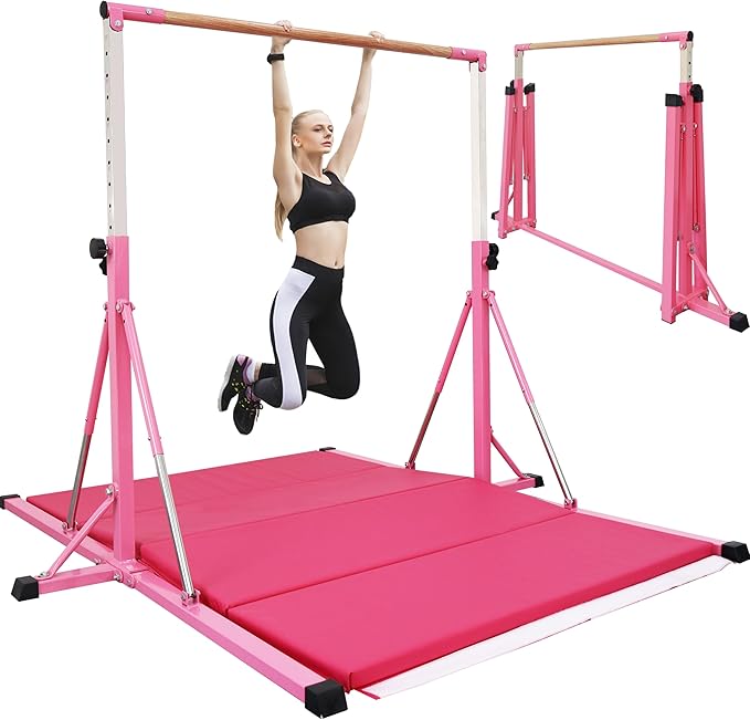 Gymnastics Bar for Kids Ages 3-15, 35" to 60" Adjustable Height, 4FT Wide Base - Professional Kip Bar with 360° Stability & Fiberglass Crossbar, Easy Fold&Solid Design for Home Training