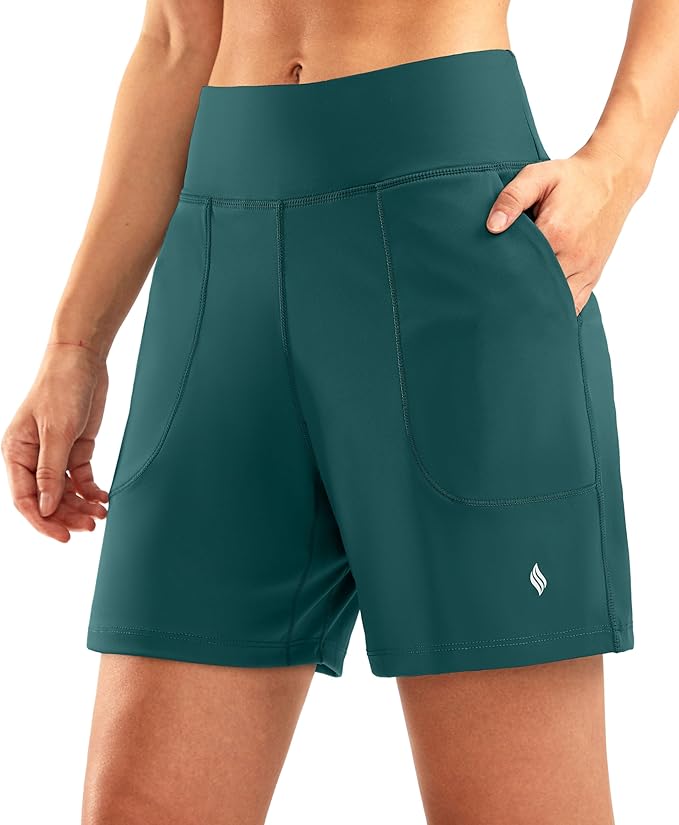 SANTINY Women's 6'' Athletic Long Shorts with 4 Pockets High Waisted Bermuda Shorts for Women Walking Running Casual