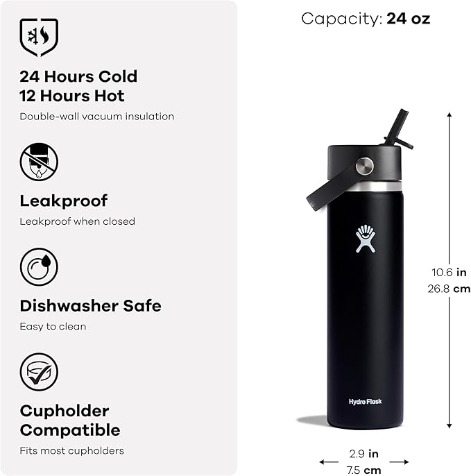 Hydro Flask Water Bottle - Insulated Stainless Steel - Wide Mouth Flex Straw Lid, Non Spill, Leakproof and Refillable in 24 Oz Jelly Green