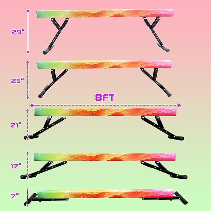 PreGymnastic 8FT Balance Beam, Raised Gymnastics Beam for Kids Ages 3-12, Home Gym Equipment for Training, Adjustable Balancing Beam Indoor, Off-Ground Competition Style