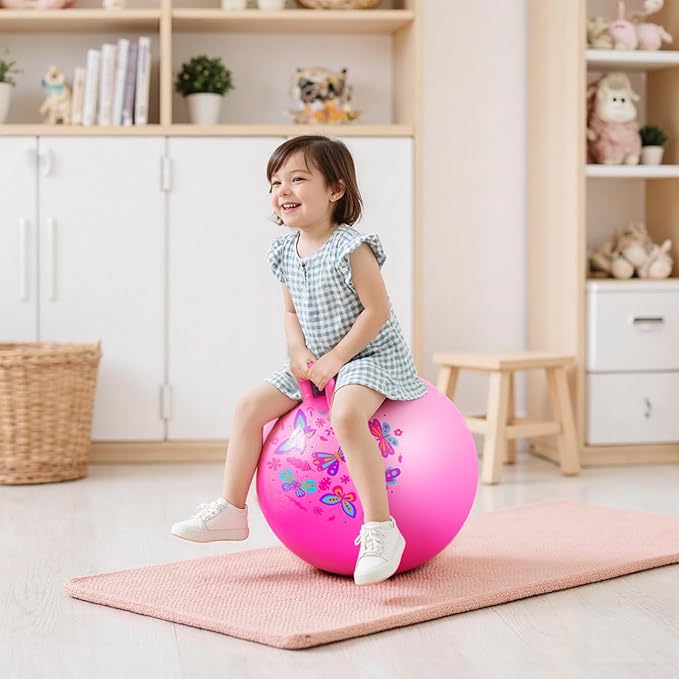 EVERICH TOY Hopper Ball, Pink Butterfly Hopping Toys for Kids, 18 Inch Bouncy Ball with Handle, Indoor Outdoor Inflatable Hoppity Hop Toy for Girls Boys Gift with Free Christmas Accessories