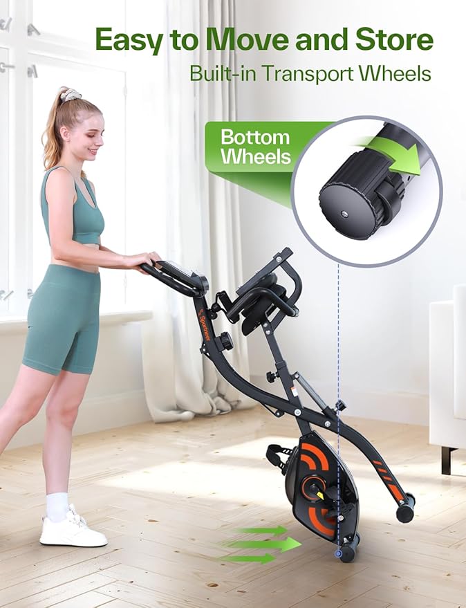 Foldable Exercise Bike Stationary Bike, Sportneer 4 in 1 Indoor Cycling Bike with 16 Level Magnetic Resistance Training Bike with Arm Resistance Band PVC Floor Mat Fitness Bike for Home Gym Workout