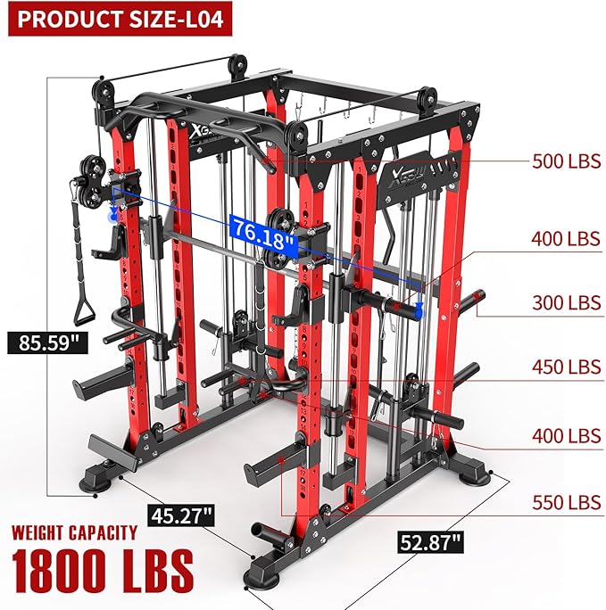 Smith Machine, Multi-Purpose Strength Power Cage with Cable Crossover System and More Training Accessories,Squat Rack Power Rack，Suitable for Home Gyms