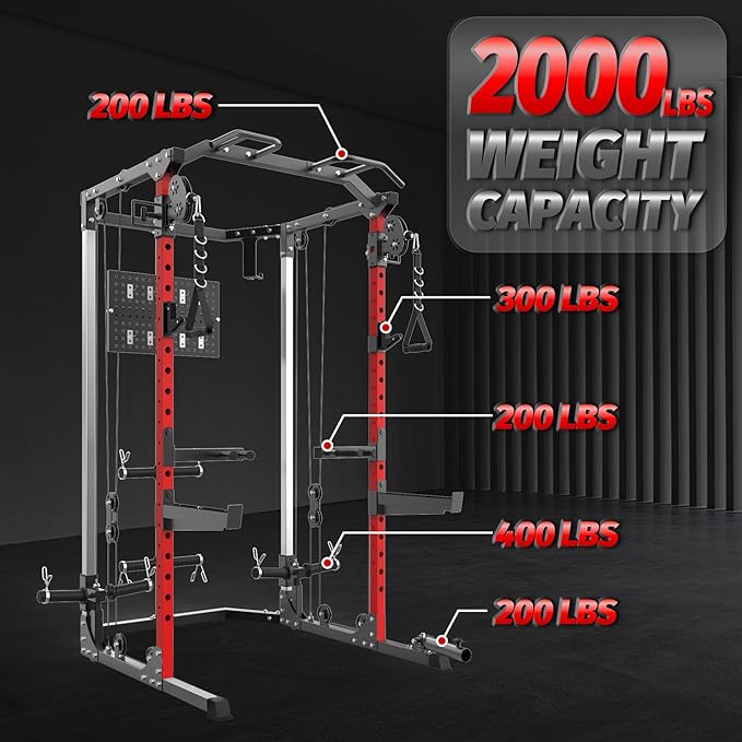 Power Cage, Multi-Function Squat Rack with Dual Independent Pulley System, 2000 LB Capacity Workout Cage with Adjustable Cable Crossover System and Training Attachment for Home Gym