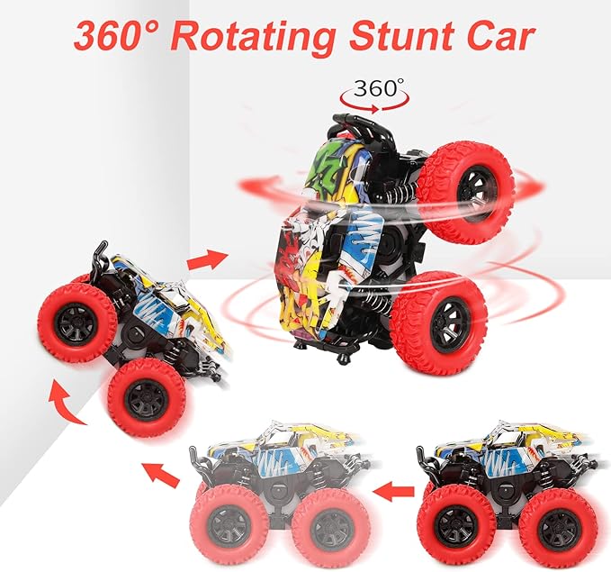Monster Truck Toys for Ages 2-4, Friction Cars for Toddlers 1-3 Push and Go 360° Rotating Stunt Car for 2+ Year Old Boys Girls Gifts (2 Pack - Red and Yellow)