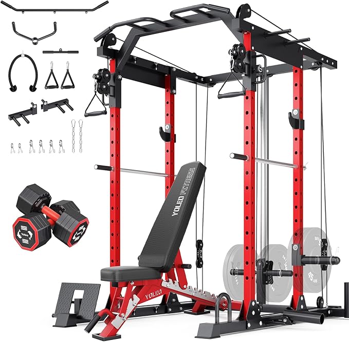 YOLEO Smooth Dual Pulley System Power Cage, 1700LBS Adjustable Cable Crossover Power Rack, Multi-Functional Squat Rack for Home Gym