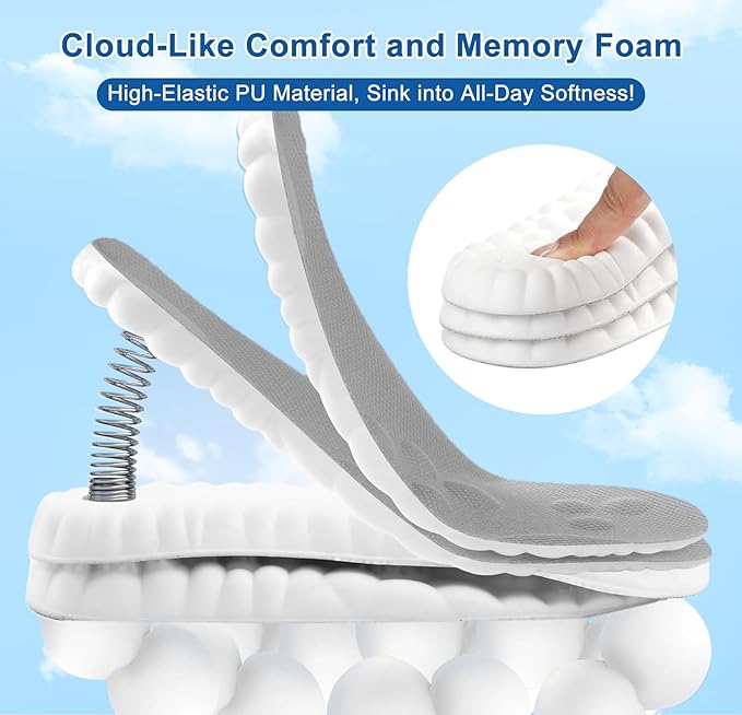 4D Cloud Insoles for Men Women, Memory Foam Boot Insoles, Comfortable and Breathable Massage Cushion Shoe Inserts with Arch Support, Trim to Fit All Shoe Types(1Pair-Grey, Men 9-10/Women 11-12)