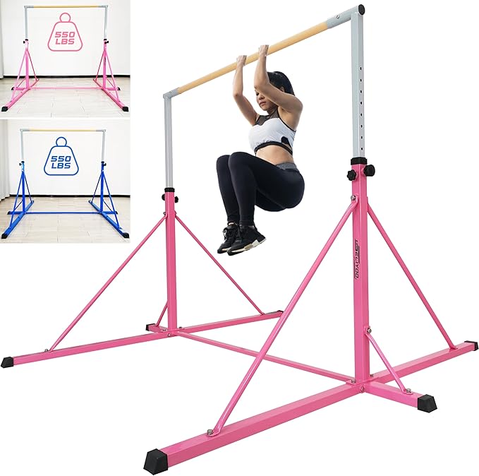 Gymnastics Bar for Kids Adults Ages 5-25,6FT Width ,7.2 FT Base Length ,Gymnastic Horizontal bar,Kip bar For Real Gymnastics,Height Adjustable 49.2" to 68.9",Competition Gymnastics Equipment For Home Gym 500LB Capacity