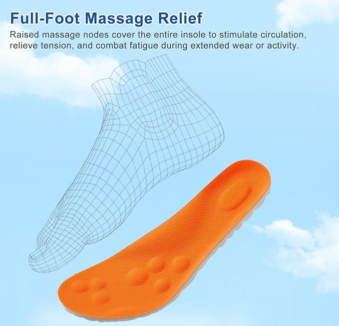 4D Cloud Insoles for Men Women, Memory Foam Boot Insoles, Comfortable and Breathable Massage Cushion Shoe Inserts with Arch Support, Trim to Fit All Shoe Types(2Pair-Orange, Men 10-11/Women 12-13)