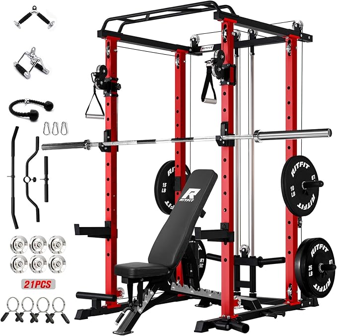 RitFit Upgraded PPC-P3 Power Cage, 3-in-1 Home Gym with Aluminum Pulley System, 1200LBS Capacity, Includes LAT Pulldown, Landmine, J-Hooks & 20+ Attachments, Fits Compact Spaces Black Red