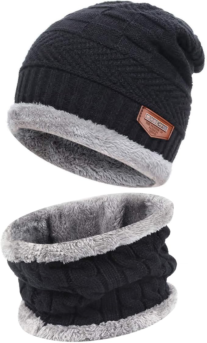 FZ FANTASTIC ZONE Mens Womens Winter Beanie Hat Scarf Set Warm Knit Thick Fleece Lined Skull Cap Neck Warmer for Men Women