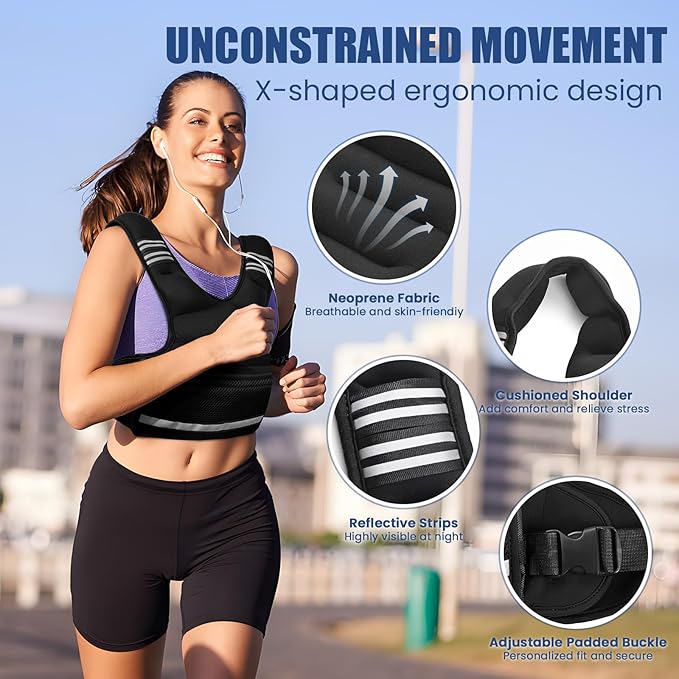 Adjustable Weight Vest for Men & Women, 4-10LBs/11-20LBs with 6 Weight Pags, Pockets & Reflective Strip for Running, Strength Training, Fat Loss & Body Sculpting