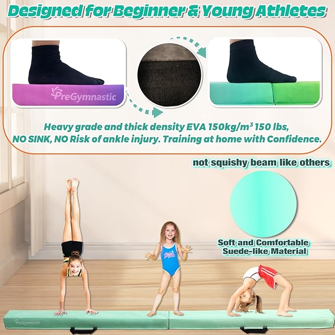 PreGymnastic 6FT/8FT/9.5FT Folding Balance Beam for Kids Ages 3-12, Foldable Gymnastics Floor Beam-Extra Firm Suede Cover with Carrying Bag for Home-Gym Equipment for Toddler Teenager