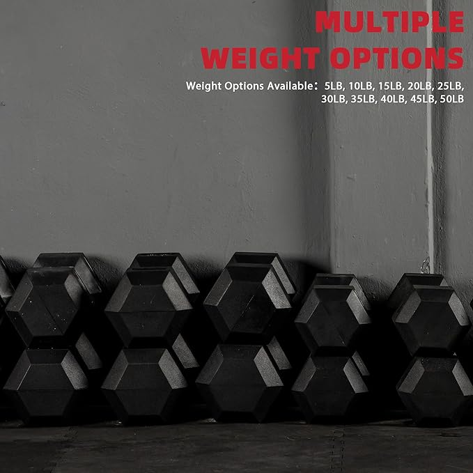 Rubber Encased Hex Weights Dumbbells Set of 5 – 50 lb Pair | Cast Iron Hand Weights with Anti-Slip Grip for Home Gym Strength Training