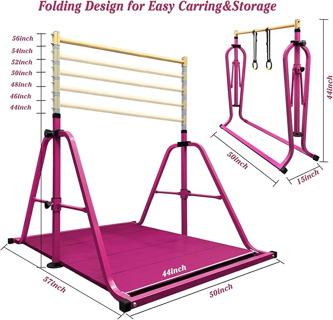 Foldable Gymnastics Kip Bar with Mat and Ring Set,3' to 5' Height Adjustable,Kids Gymnastic Equipment for Ages 3-15,Indoor and Home Training- Max Load 350LBS