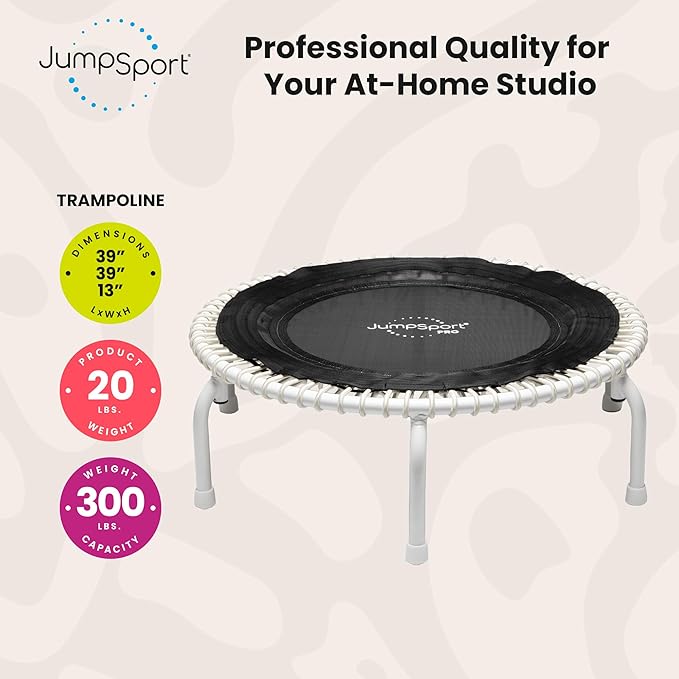 JumpSport 350 PRO Fitness Trampoline, Cardio Workout, No-Tip Arched Legs Home Gym Equipment, Adjustable Bungees & 60 Day Trial Video