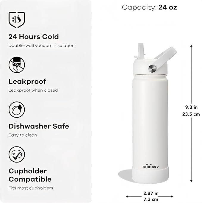 mininoo Insulated Stainless Steel Water Bottle with Straw and Lid for Sports, 24 oz, White